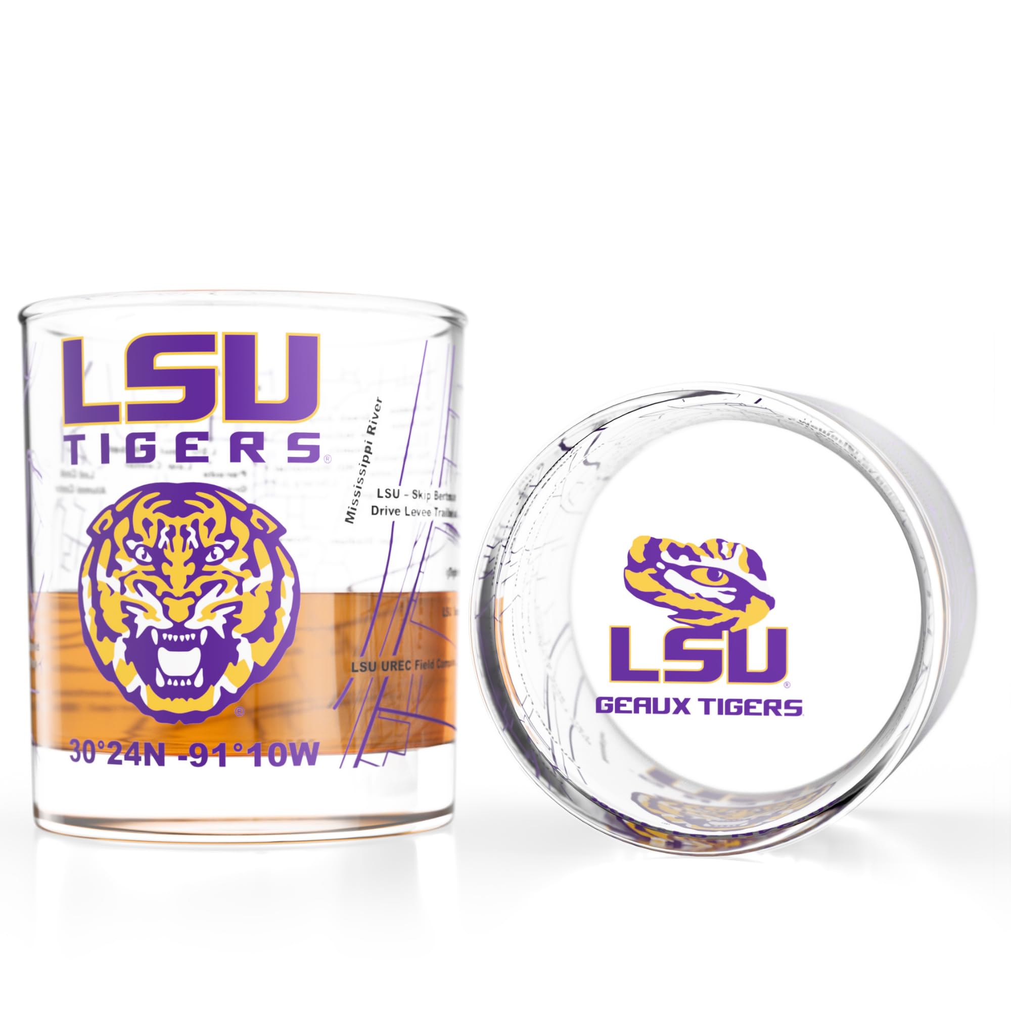 Greenline Goods LSU Louisiana State University Tigers Whiskey Glasses Set of 2, 10 oz Rocks Glasses with Full-Color Logo &amp; Campus Map – Officially Licensed Bourbon Glass Gift for Alumni &amp; Fans