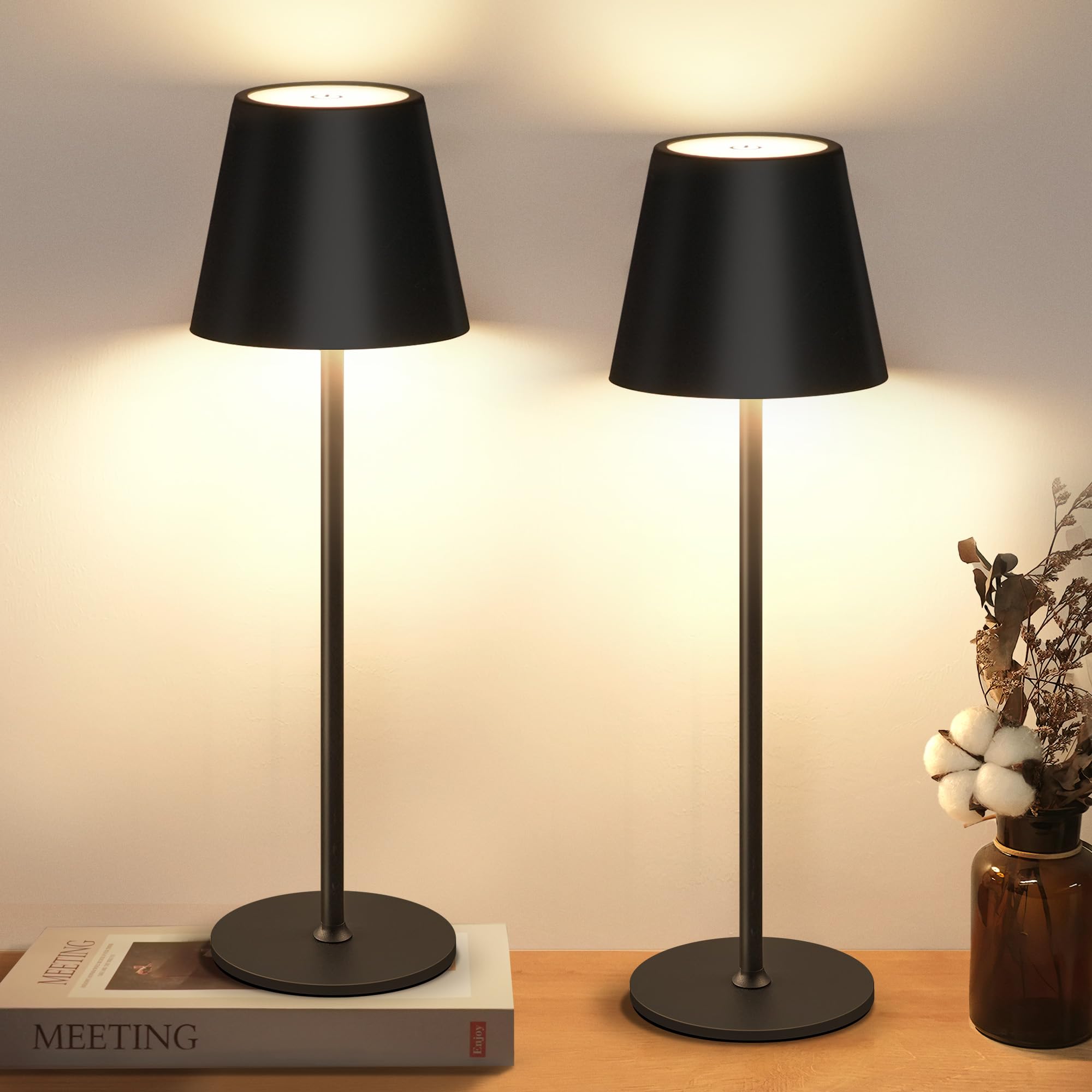 2er-Set wiederaufladbarer, dimmbarer LED-Tischlampen, kabellose Tischlampen mit Touch-Bedienung und 3 Farbtemperaturen, wasserdichte Metall-Tischlampen für den Innen- und Außenbereich, schwarz