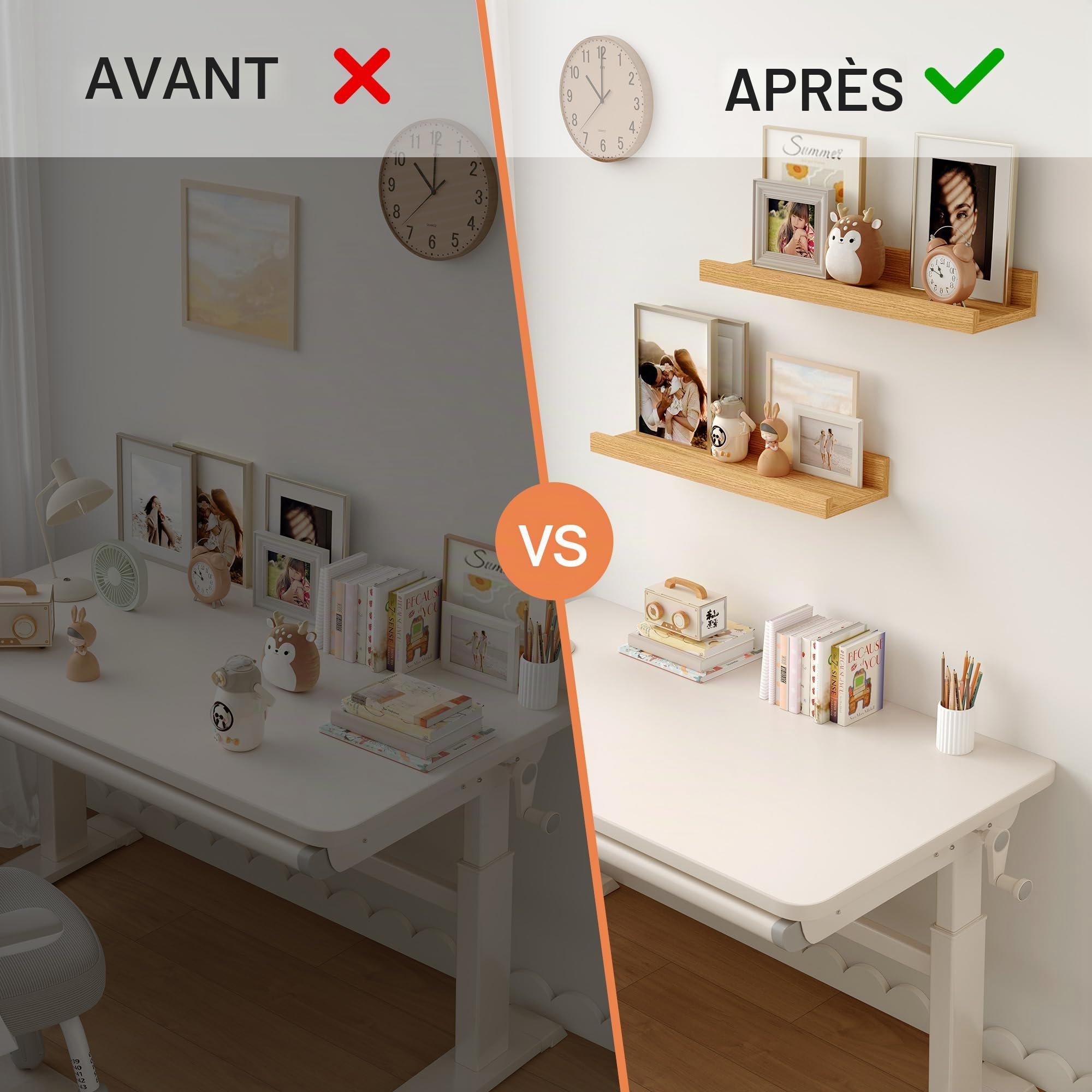 Lot de 2 étagères flottantes de 40 cm, en bois de chêne naturel, montage mural, pour photos, bibliothèques pour enfants, pour salon, cuisine, chambre, salle de bain, photos, organisation de la maison