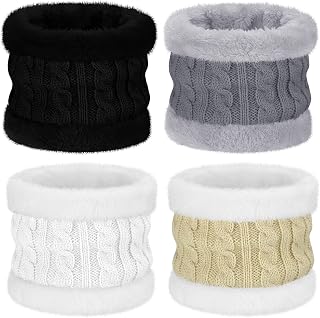 4 Pcs Kids Winter Knitted Infinity Scarves Toddlers Fleece Neck Warmer Double Layer Thick Fleece Windproof Scarves Round Scarves for Baby Boys Girls Black Grey White Beige