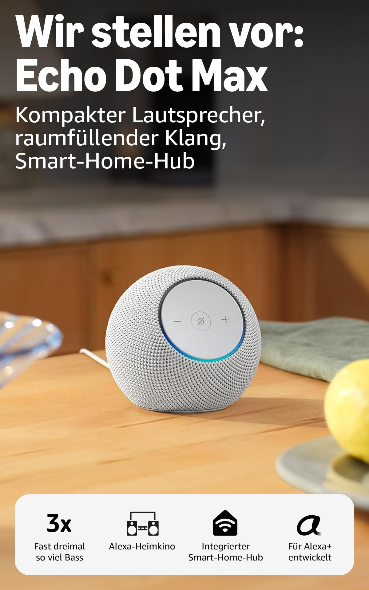 Amazon Echo Dot Max (neueste Generation), Lautsprecher mit raumfüllendem Klang und integriertem Smart-Home-Hub, Weiß… – Ansicht 2