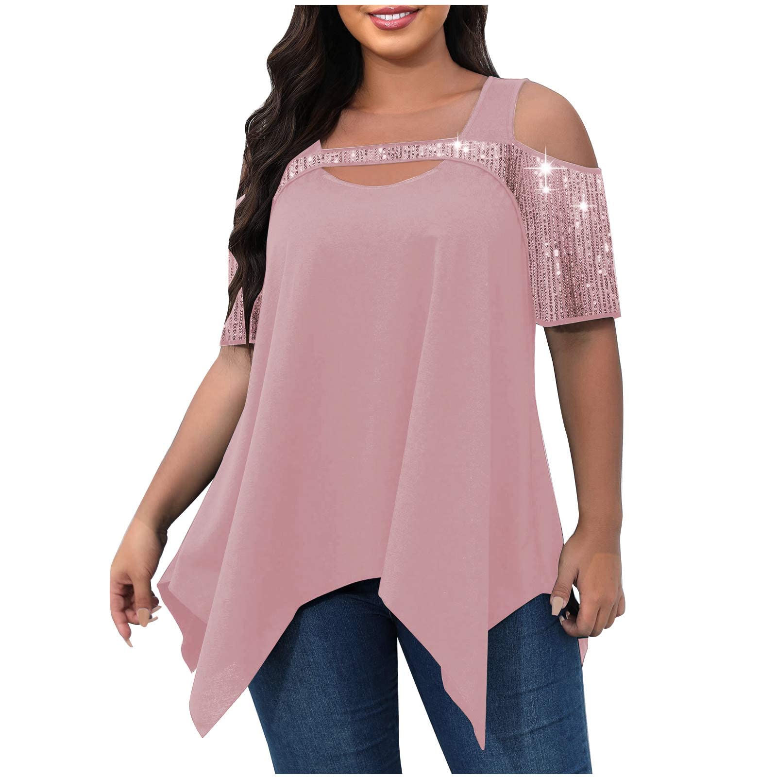NUSGEAR 2024 Camiseta de Manga Corta Mujer Moda Color sólido Camisa un Hombro Lentejuelas Verano Suelto Túnica Tops Talla Grande Sexy Casual Fiesta T-Shirt Original tee Camisetas Irregular Blusa