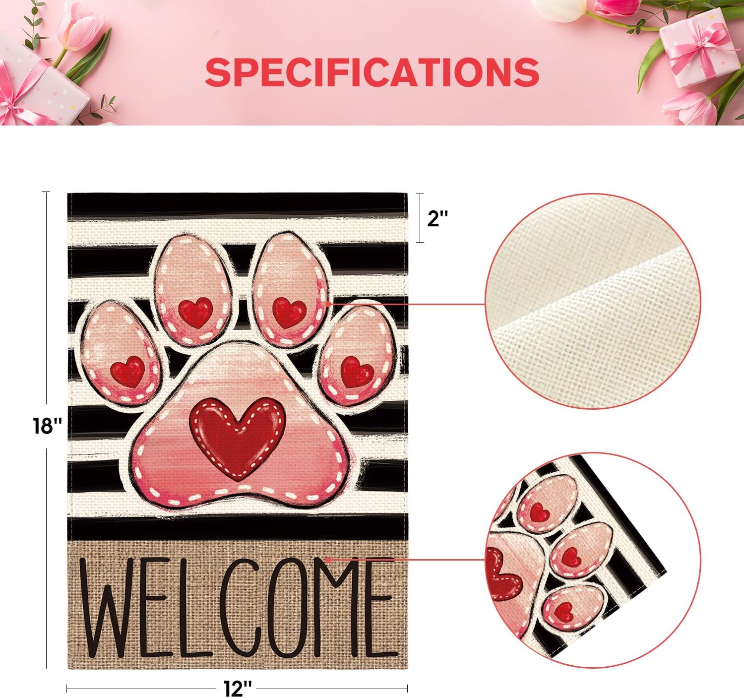 AVOIN colorlife Paw Print Love Hearts Valentines Day Garden Flag 12x18 Inch Double Sided, Welcome Stripes Rustic Yard Outdoor Decoration - Image 5