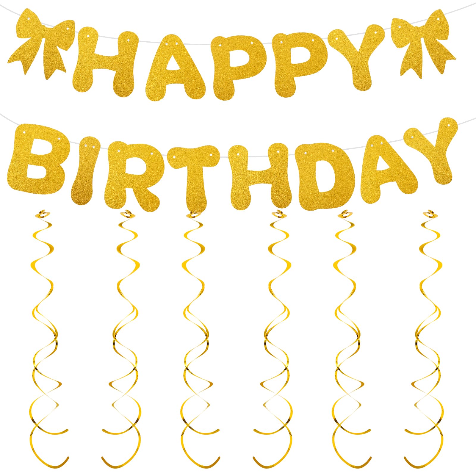 Gold Happy Birthday Banner, Glitter Gold Birthday Banner Party Decorations with 6 Hanging Swirls Decor for Women Men Party