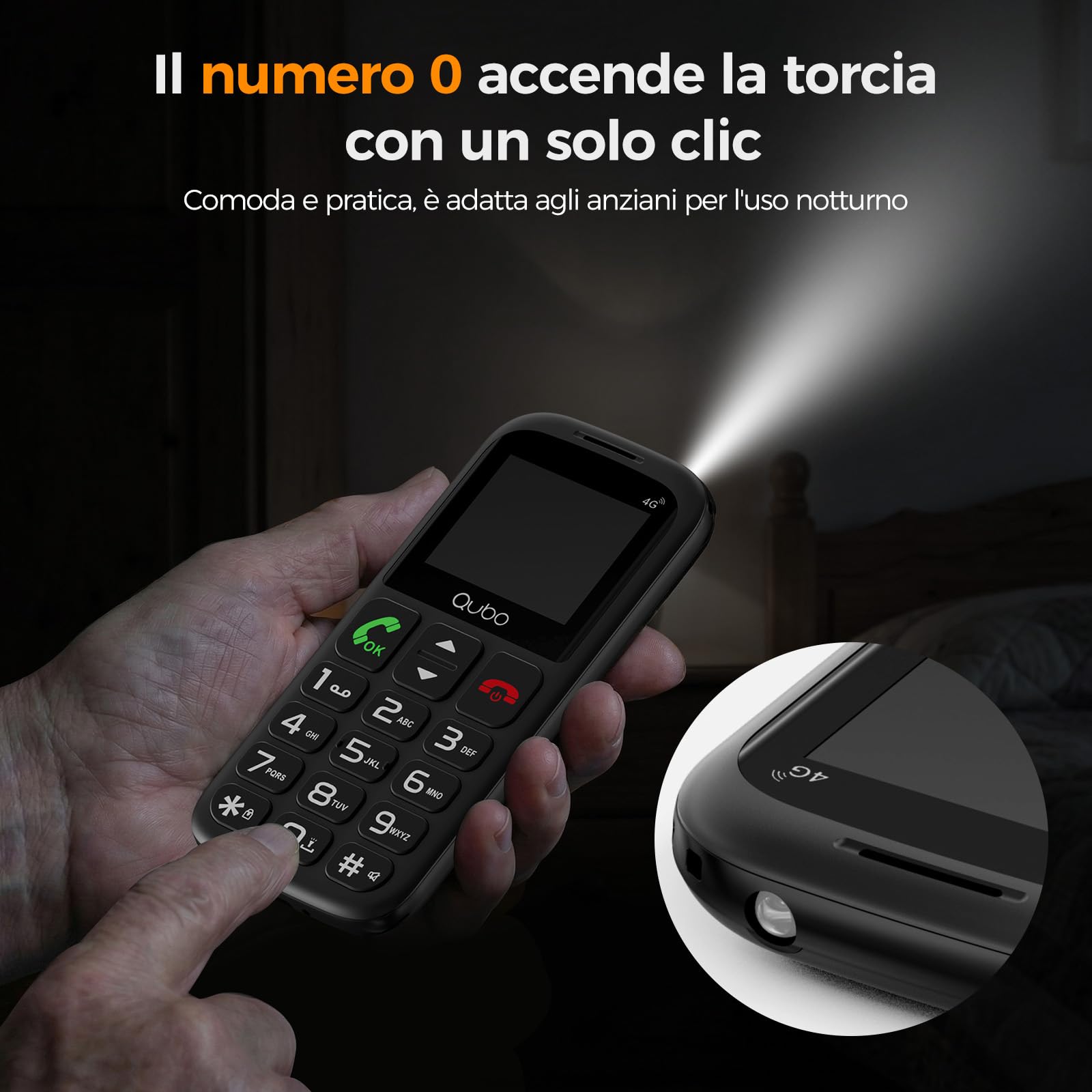 Qubo 4G Cellulare per Anziani 4G | Tasto SOS e Caricabatterie | Grandi Tasti e Schermo 1,77" | Torcia | Dual SIM | Compatibile con Tutte le Reti | Telefono Semplice