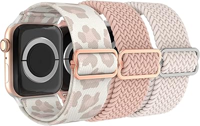 Delidigi 3 Pack Stretchy Watch Bands Compatible with Apple Watch Band 38mm 40mm 41mm 42mm 44mm 45mm 49mm for Women Men, Nylon Adjustable Sport Straps for iWatch Series Ultra 8 7 6 5 4 3 2 1 SE (38mm/40mm/41mm, Nude Pink/Starlight/Beige Leopard)