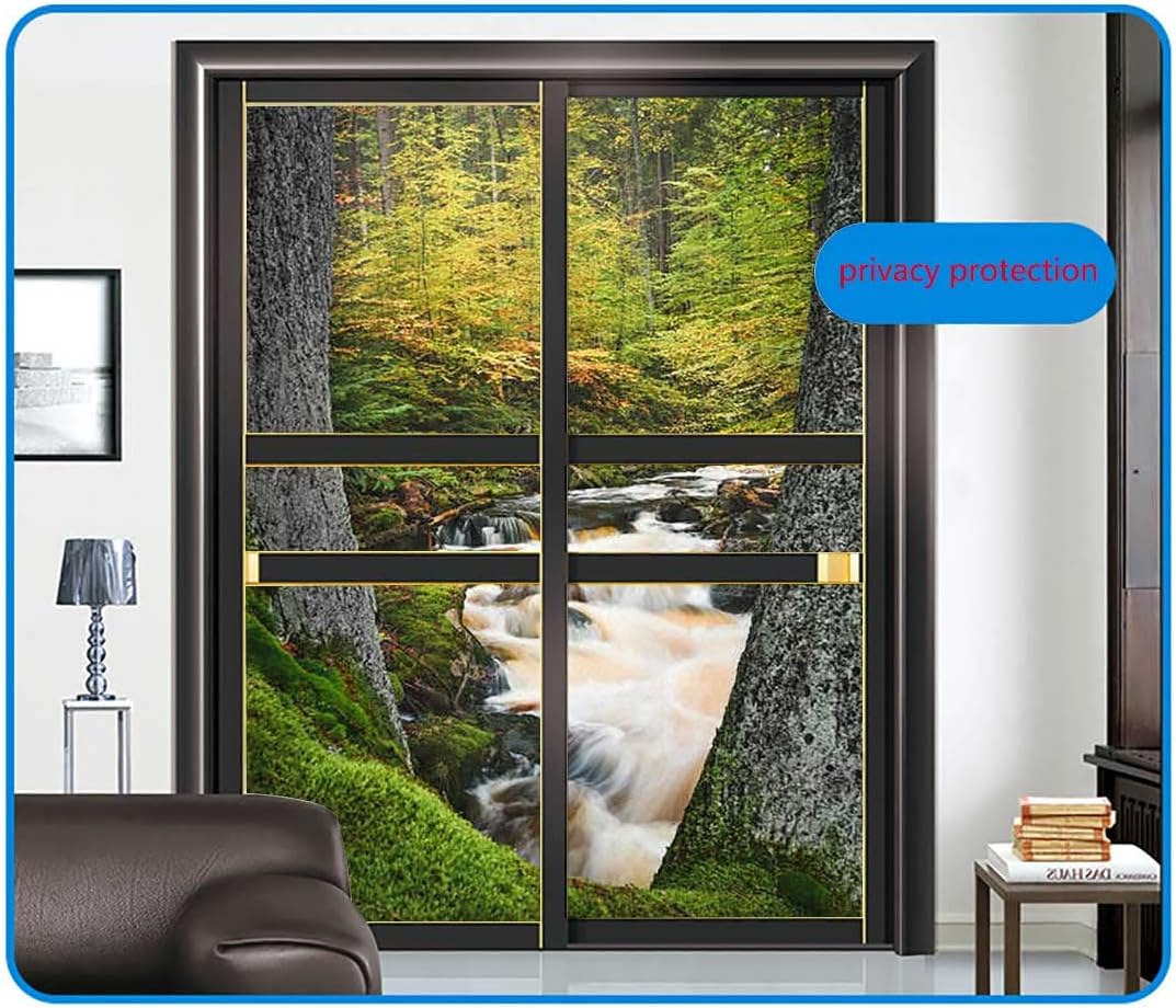 Window Privacy Film Frosted Glass Static Clings Non Adhesive Opaque Vinyl Bathroom Door Decorative Stickers UV Blocking Riverbed Rocks Trees Green 17.7Wx47.2L-inch x2 Pcs