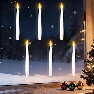 6.1" x 0.5" Window Candles with Sensor Dusk to Dawn, 6 Pcs Ivory Flameless Taper Candle with Dimmer Battery Operated with Nano Adhesive lasts up to 200+ Hours for XMas, Halloween Decor and Holiday