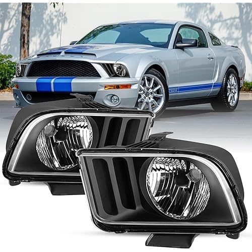 OE Style Headlight Assembly Set Fit 2005-2009 Ford Mustang Halogen Headlamp Black Housing with Clear Reflector