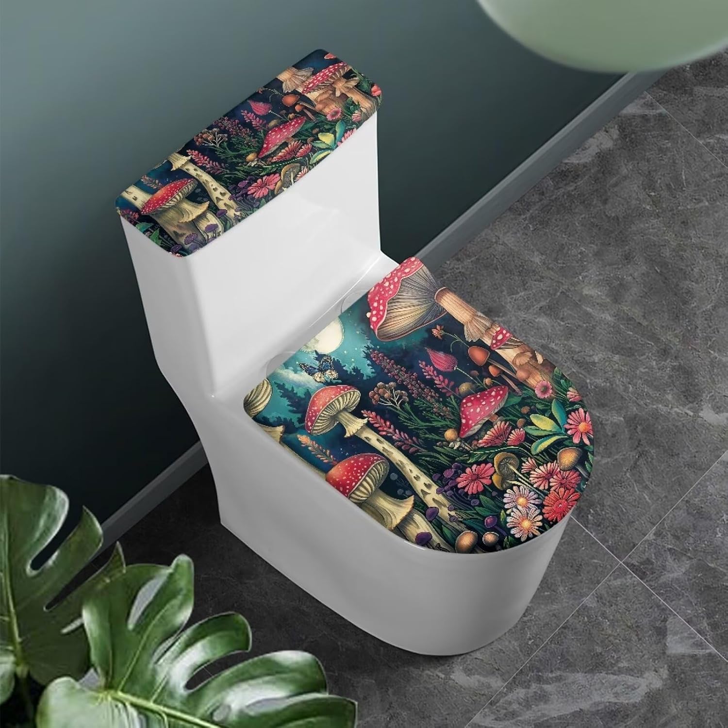 Cute Mushroom Print Toilet Seat Lid Cover Polyester Fabric Toilet Seat Covers for Bathroom Soft and Breathable Waterproof Toilet Seat Cover Set Universal for Most Toilet Bowl Lids