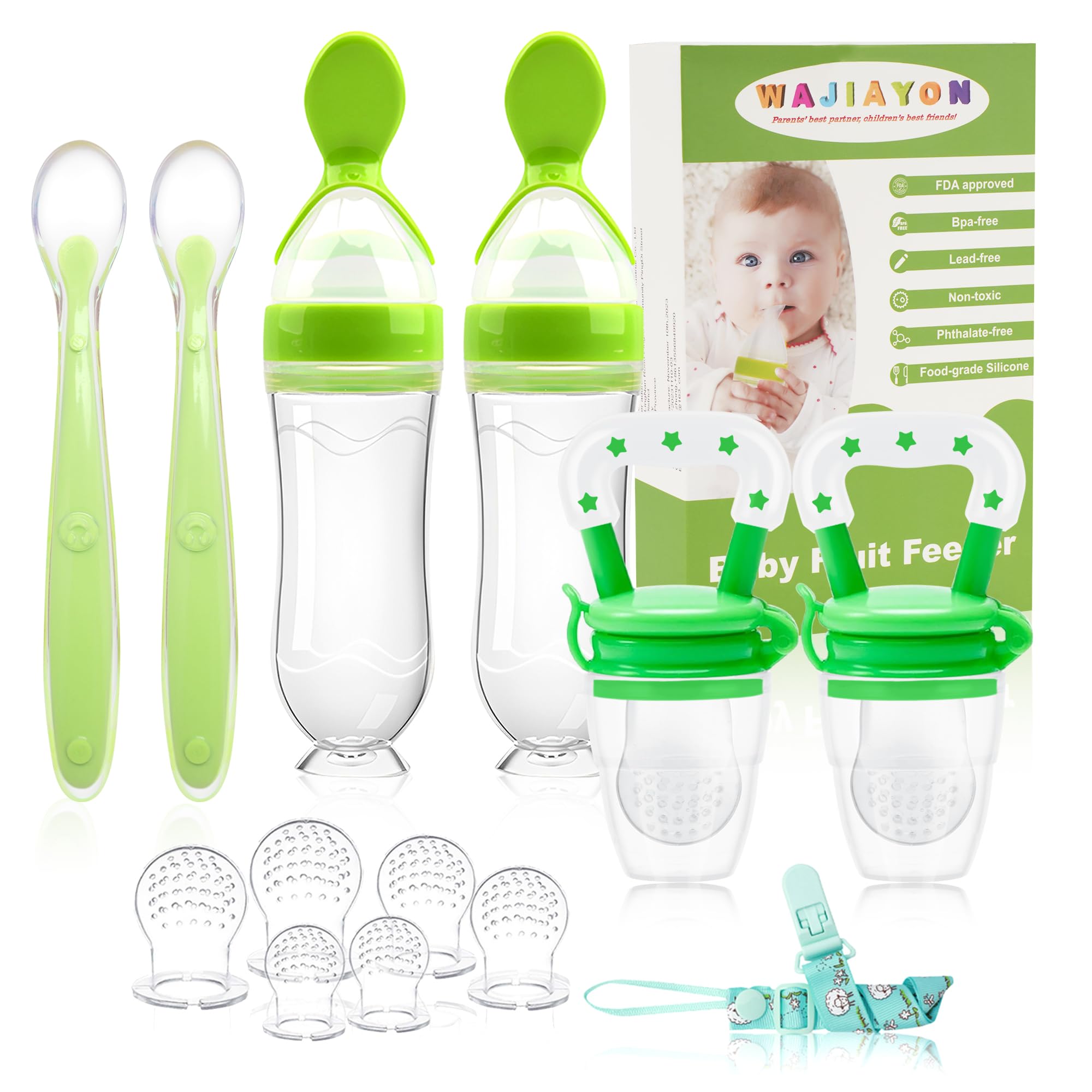 WAJIAYON Baby Fruit Feeder Pacifier - 6 Pack | 2 Infant Fruit Food Feeder Pacifier & 2 Food Dispensing Spoon | Fresh Fruit Teethers for Babies | Silicone Feeder Baby,Mesh teethers for Babies (Green)