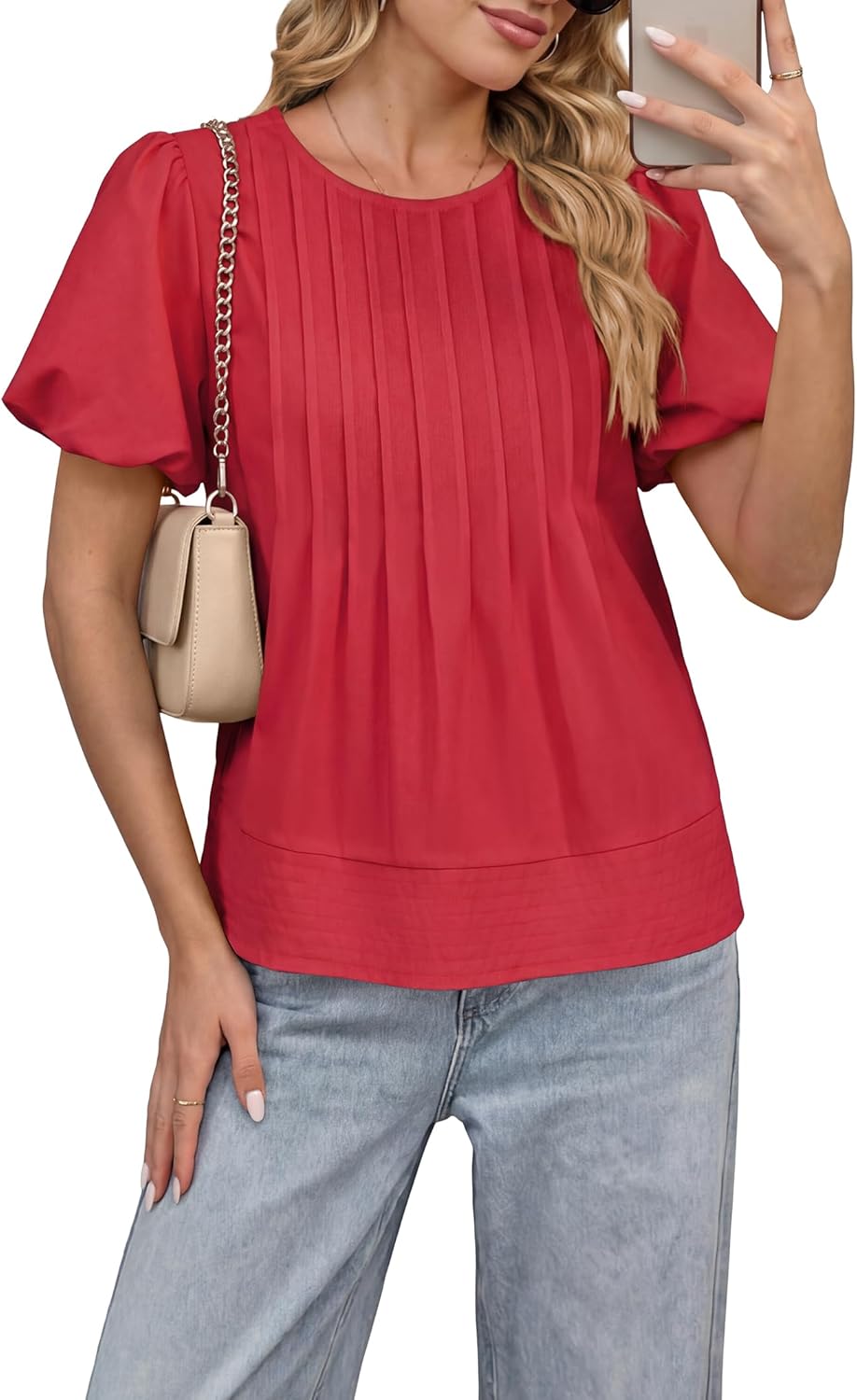 Funlingo Womens Puff Sleeve Babydoll Tops Summer Crew Neck Pleated Blouses Casual Loose Fit Flowy Swing Shirts - Image 2