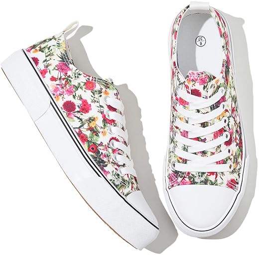 Adokoo Canvas Tennis Shoes for Women Low Top Casual White Black Sneakers for Women Lace Up Fashion Comfortable Walking Shoes