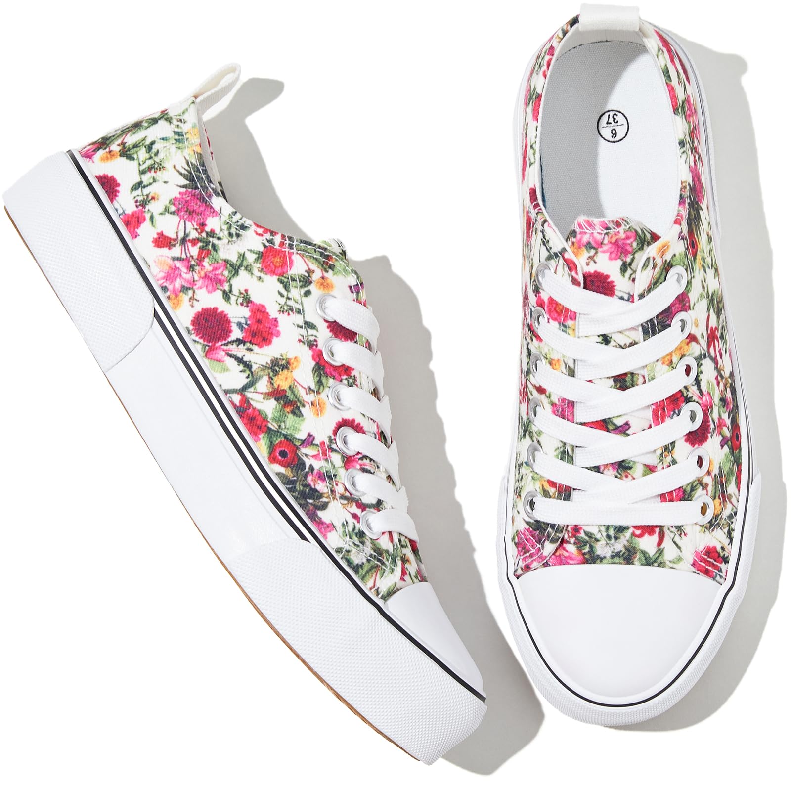 Adokoo Canvas Tennis Shoes for Women Low Top Casual White Black Sneakers for Women Lace Up Fashion Comfortable Walking Shoes