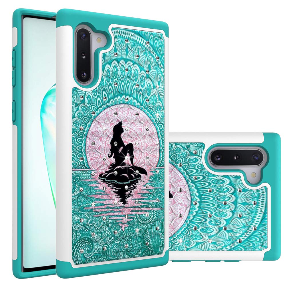Samsung Galaxy Note 10 Case, Galaxy Note 10 Case for Girls Women, Mermaid with Moon Pattern Heavy Duty Shockproof Studded Rhinestone Crystal Bling Hybrid Case Silicone Armor for Samsung Galaxy Note 10
