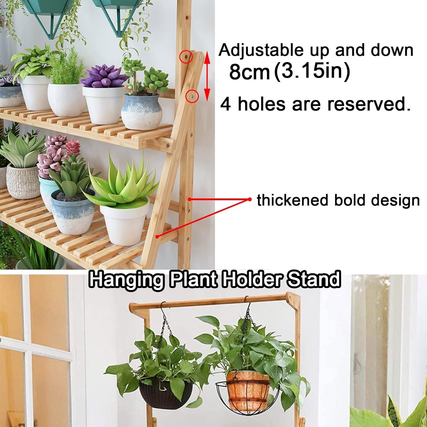 3-poziomowa Drabina Bambusowa Półka Na Rośliny Sadzarka Zewnętrzna Półki Ekspozycyjne Wiszące Składany Stojak Na Doniczki Organizer Wieszak Na Ubrania, Natural, L 70cm(27.5in)