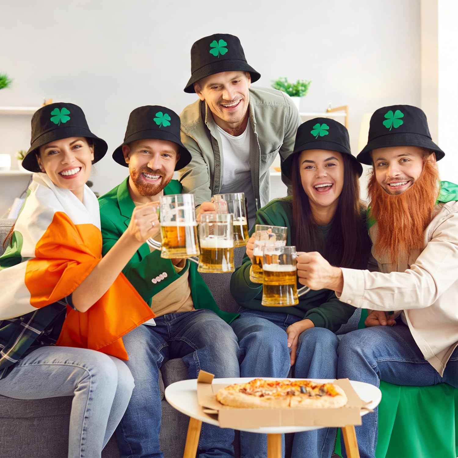 16 Pcs St Patrick's Day Bucket Hats Bulk for Women Men Green Lucky Clover Fisherman Hats