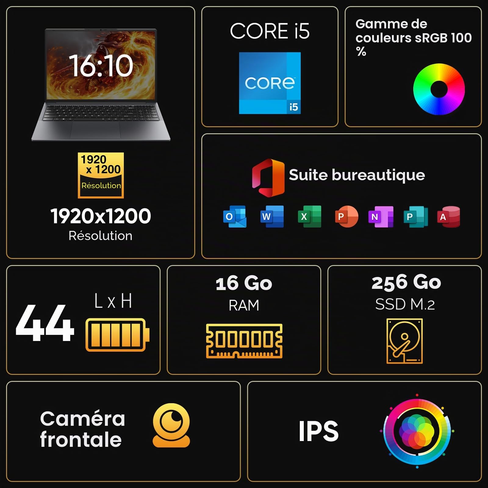 16" Ordinateur Portable Gamer-Core i5-8210Y(Jusqu'à 3,6 GHz),16GB RAM,256GB SSD,FHD 1920x1200 16:10,Clavier rétroéclairé Wi-FI5 BT5.0,USB-A,HDMI,RJ45 Film Silicone AZERTY 44Wh (7.6V/5800MA)
