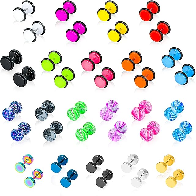 20 Pairs Stainless Steel Men Women Stud Earrings Set Ear Piercing Plugs Tunnel Fake Gauges Faux Plug Gauge Earrings Back Stud, 20 Colors