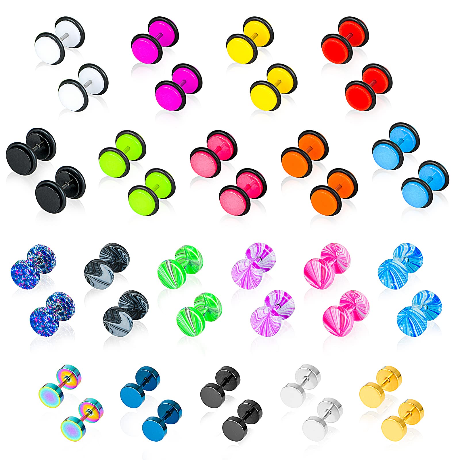 20 Pairs Stainless Steel Men Women Stud Earrings Set Ear Piercing Plugs Tunnel Fake Gauges Faux Plug Gauge Earrings Back Stud, 20 Colors