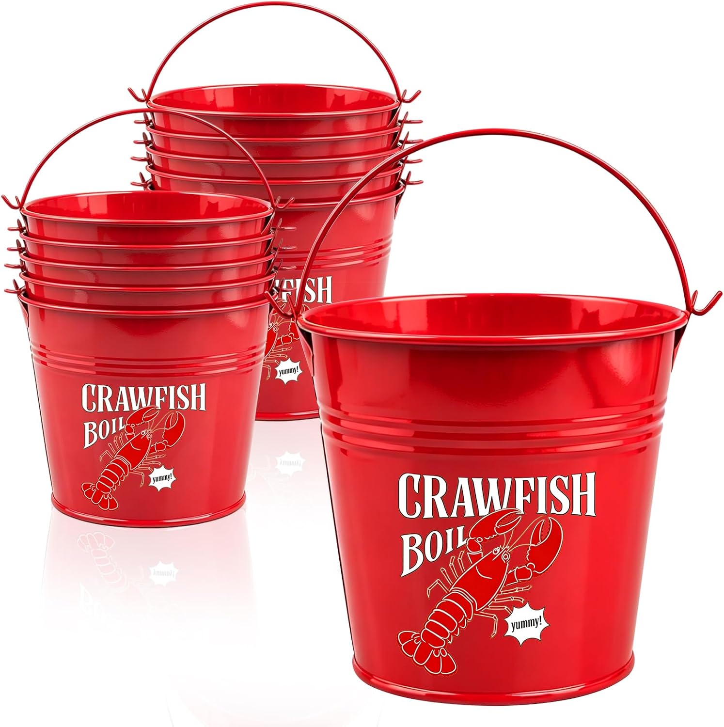10 Pack 5.7" x 5.1" Metal Seafood Ice Buckets with Handles - Crawfish Boil Party Supplies, Beverage Tub for Lobster Crab Boil & Summer Party Cooler for Seafood Festival, BBQ, Picnic & Birthday
