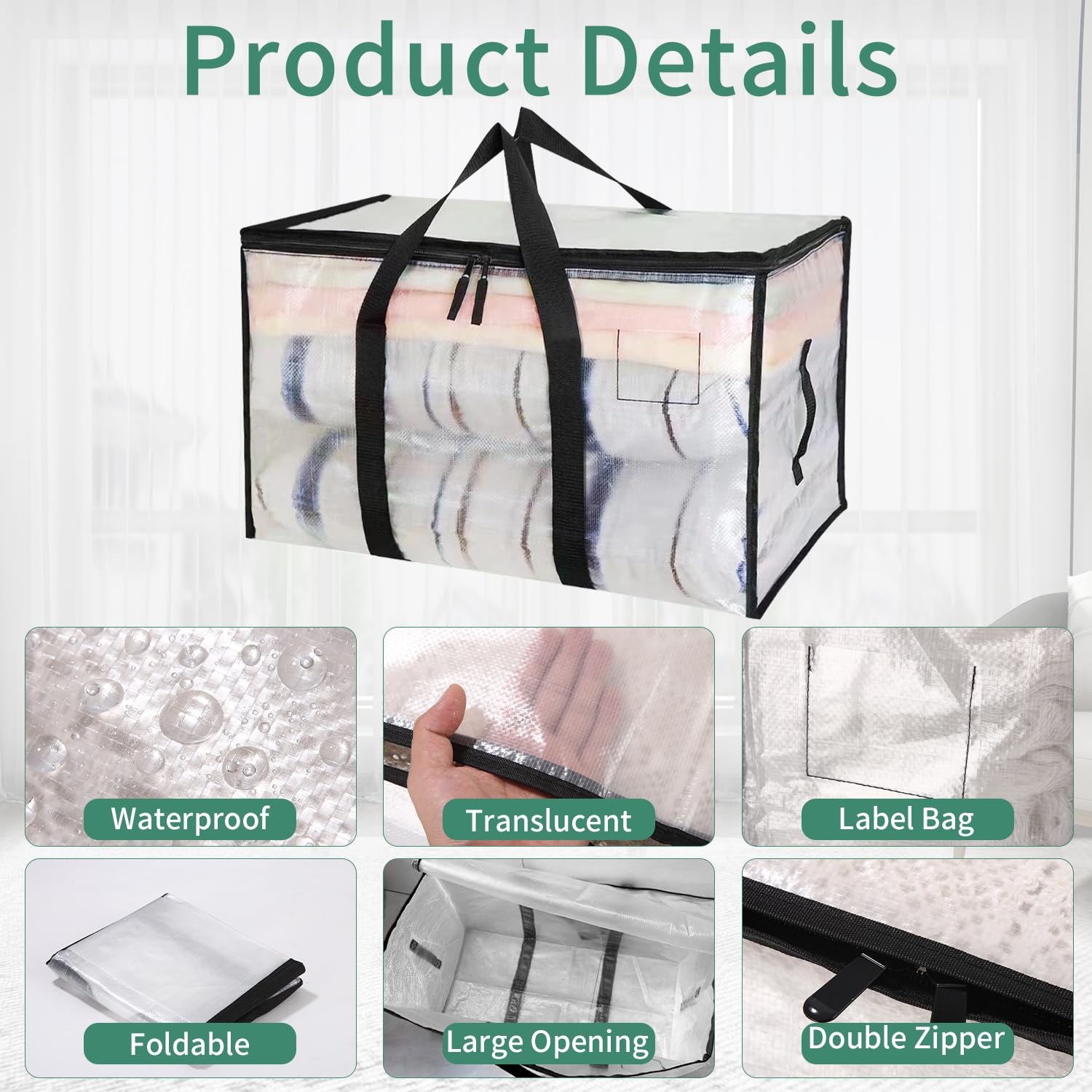 Lot de 2 90L Grands Sac de Rangement avec Couvercle et Poignées Renforcées, Sac Rangement Vetement, Cartons Déménagement Résistant pour Rangement des Vêtements et voyages, Sac à Linge