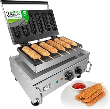 ALDKitchen Corn Dog Waffle Maker for Commercial Use | 6 Hotdog Waffles on a Stick | Stainless Steel | 110V 6 Hot Dogs
