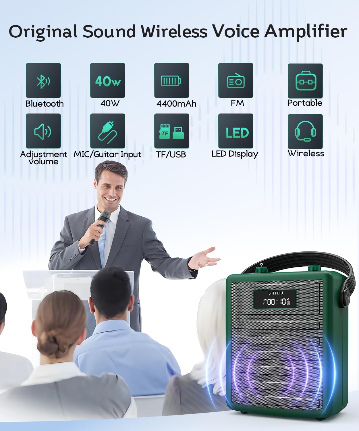 SHIDU H11 voice amplifier with included wireless handheld microphone, headset microphone, charging cable, and strap.