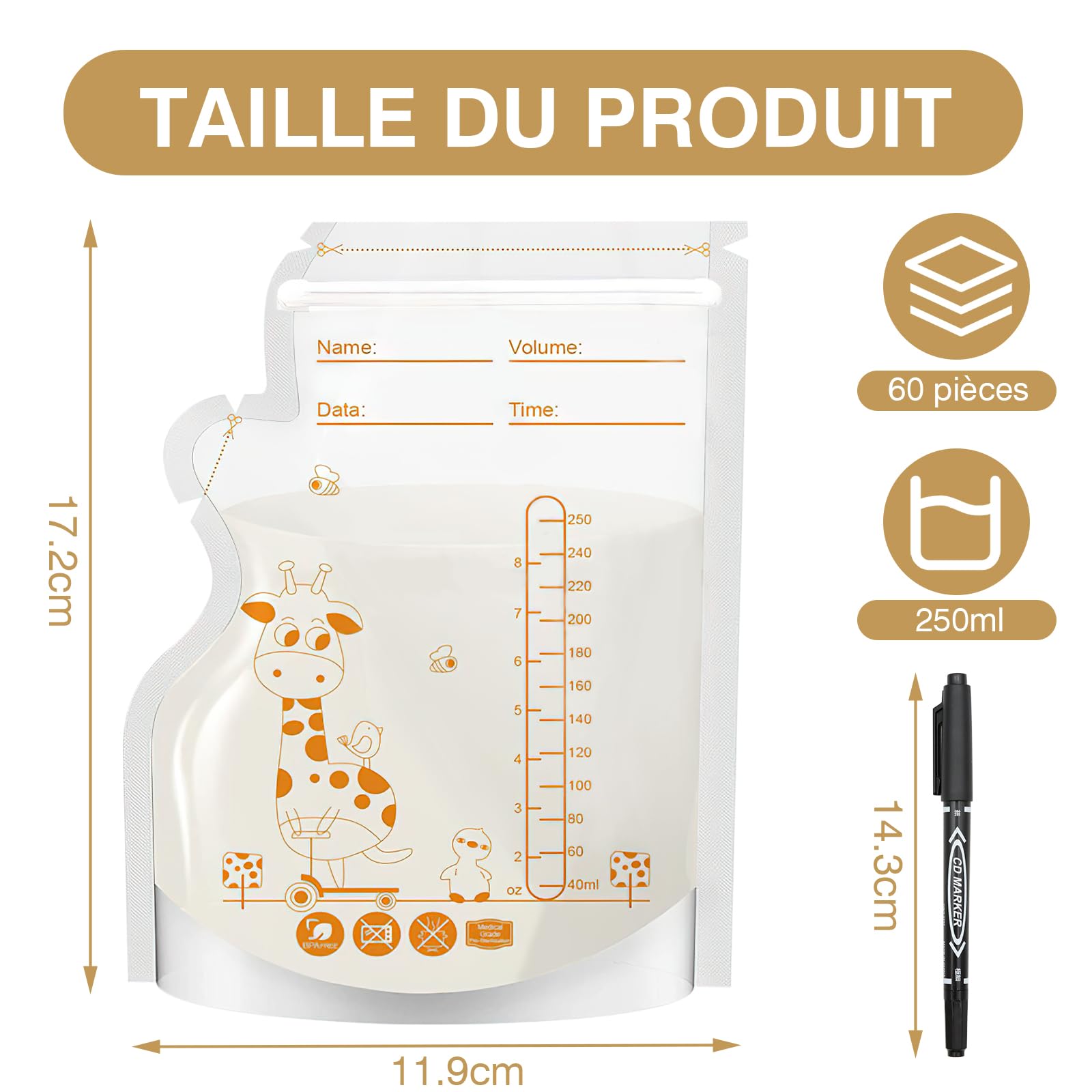ZOCONE 60 Pièces Sachet Conservation Lait Maternelle, 250 ML Sac Congélation Lait Maternel, sans BPA, Sac Lait Maternel Congelation Avec Échelle, Sachet Lait Maternel