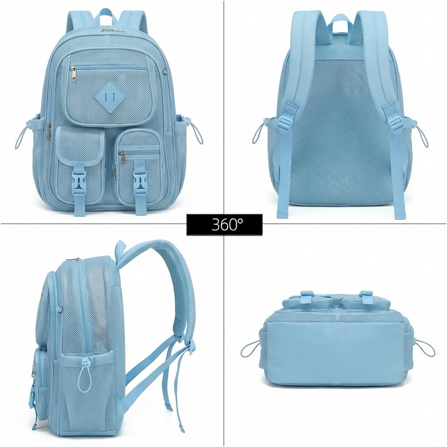 Mesh Backpack for Girls Boys, Women Mesh Bookbags Heavy Duty Semi-Transparent School Bag Net Back Pack for Travel, Beach, Swimming, Work - Baby Blue