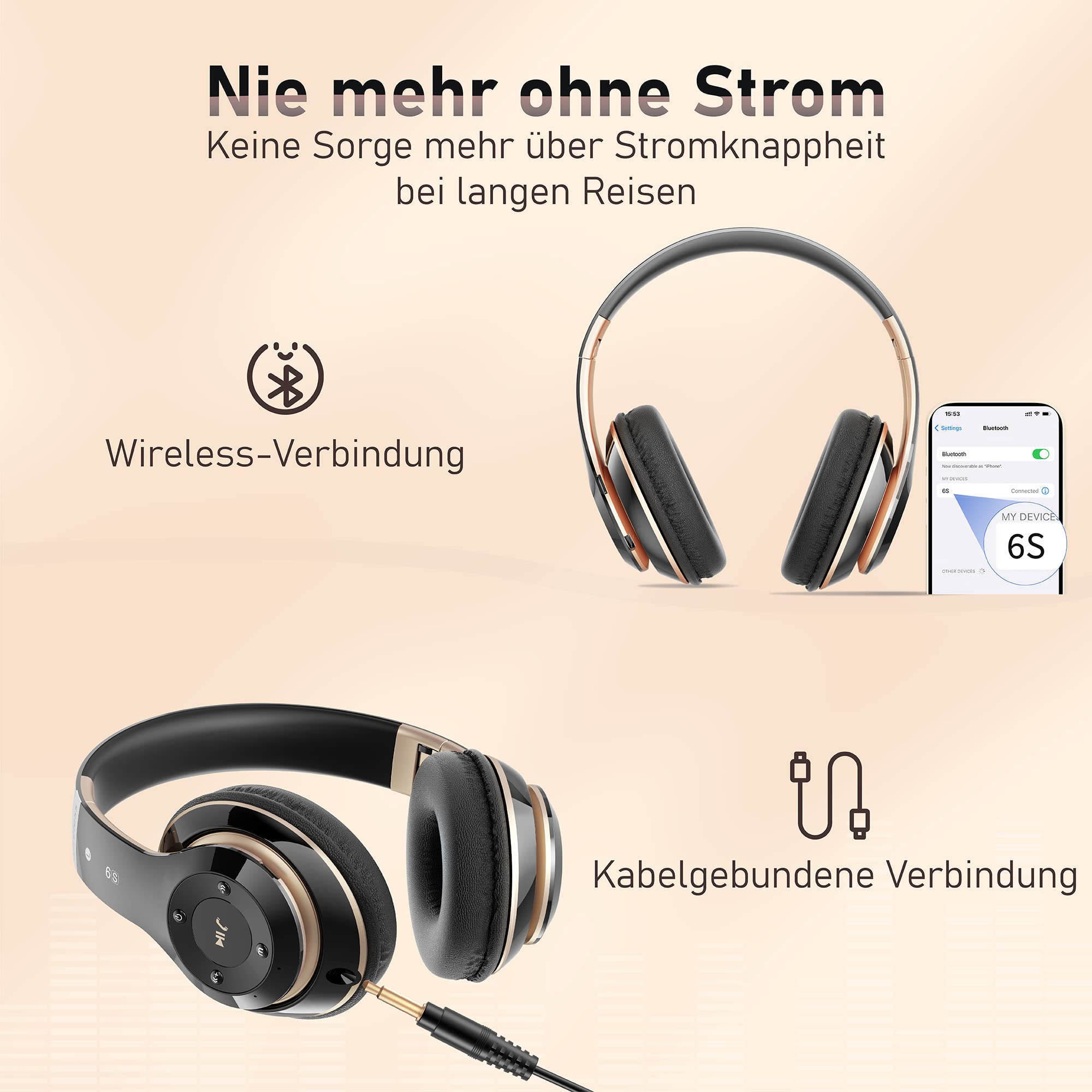 Cuffie wireless con 6 modalità EQ, cuffie Bluetooth, 65 ore, over-ear, con microfono HD integrato, FM, SD/TF per esterni, trasporto, viaggi, studio