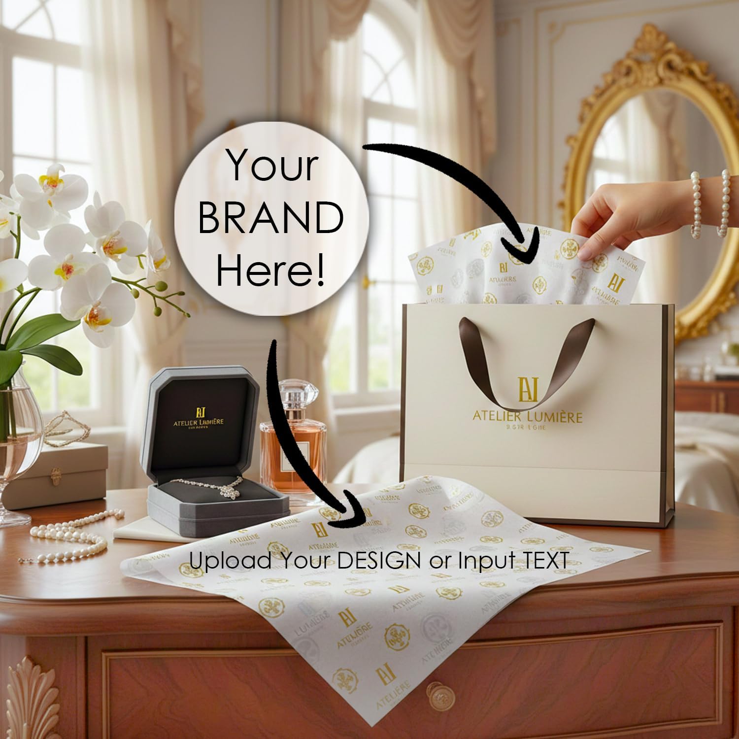 COACO Personalized Tissue Paper, Your Custom Design, Logo, or Text, Great for Holiday or Special Occasion, Small Business Packaging or Gift Wrapping, Gift Bags, 30, 50, or 100 Count, White (20"x18")