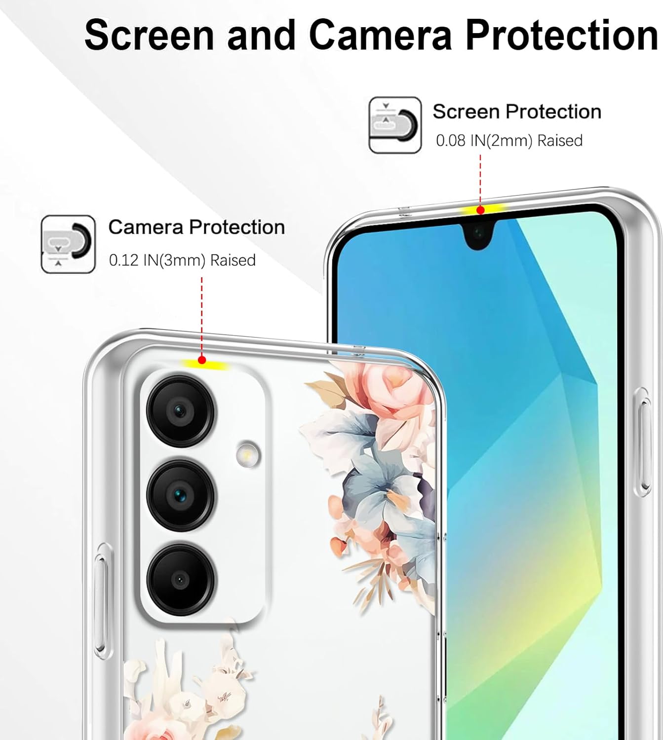 Flower Phone Case Floral for Samsung Galaxy A16 5G 6,7'' with Screen Protector, Clear Transparent Phone Cover Slim Soft Shockproof Anti-Scratch Drop Protection Funda for Girls Women, 01 - Image 3