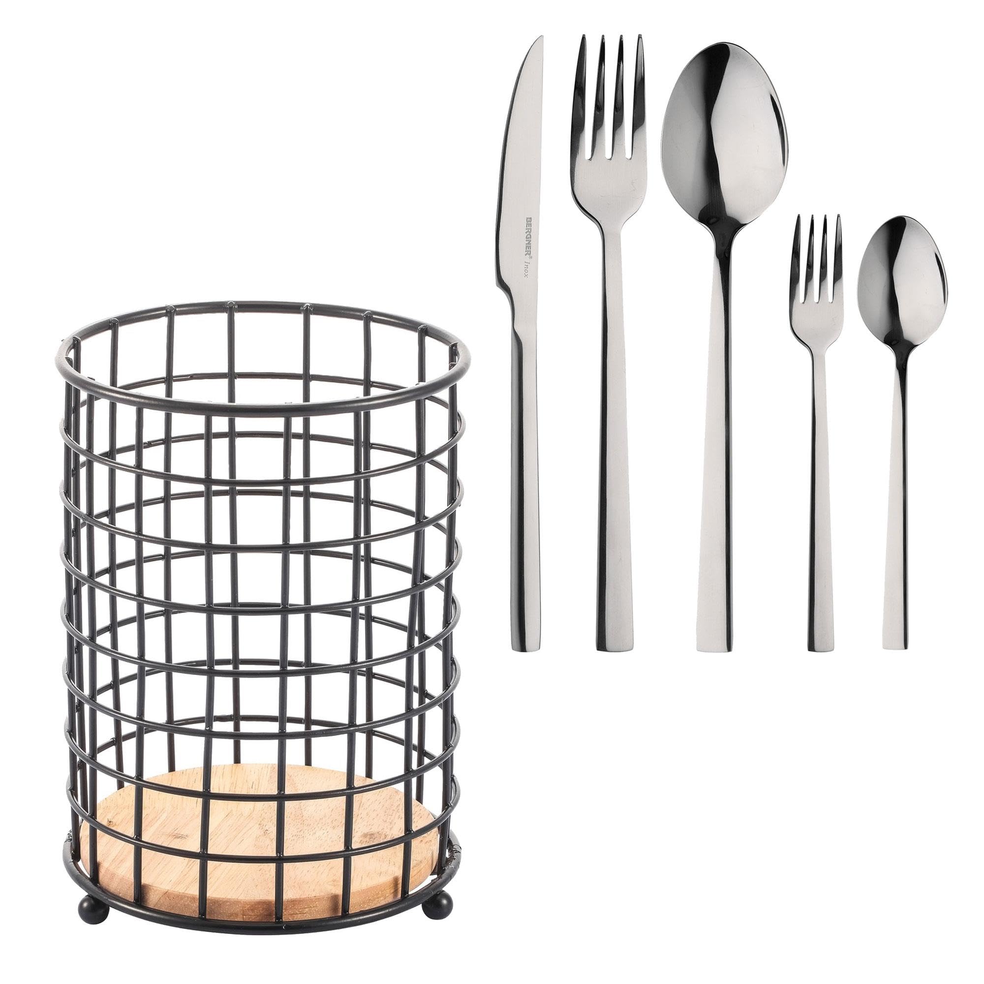 BERGNER SOFIA - Juego de Cubiertos de 60 Piezas - Cubertería Completa para 12 Personas - Fabricado en Acero Inoxidable - Fácil de Lavar y Almacenar + REGALO cesta cubertería