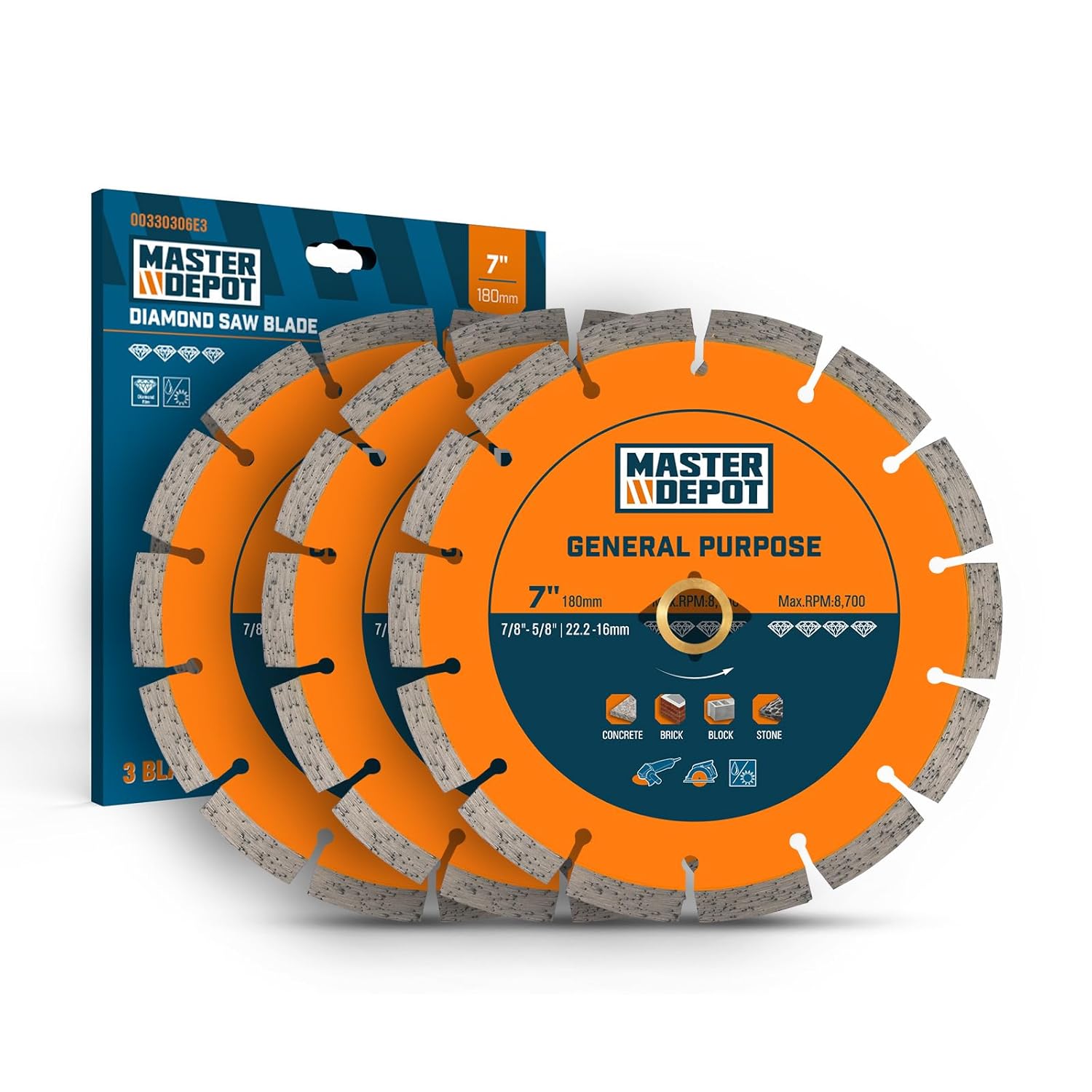 MASTERDEPOT 7 Inch Segmented Diamond Saw Blade for Angle Grinder - Dry/Wet Cut Concrete, Granite, Masonry, Stone - 3 Pack 7/8"-5/8" Arbor