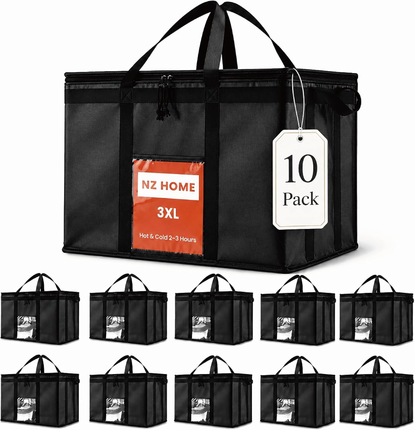 NZ home Insulated Food Bag, Portable Cooler Tote (XL Plus, Black, 10 Pack)