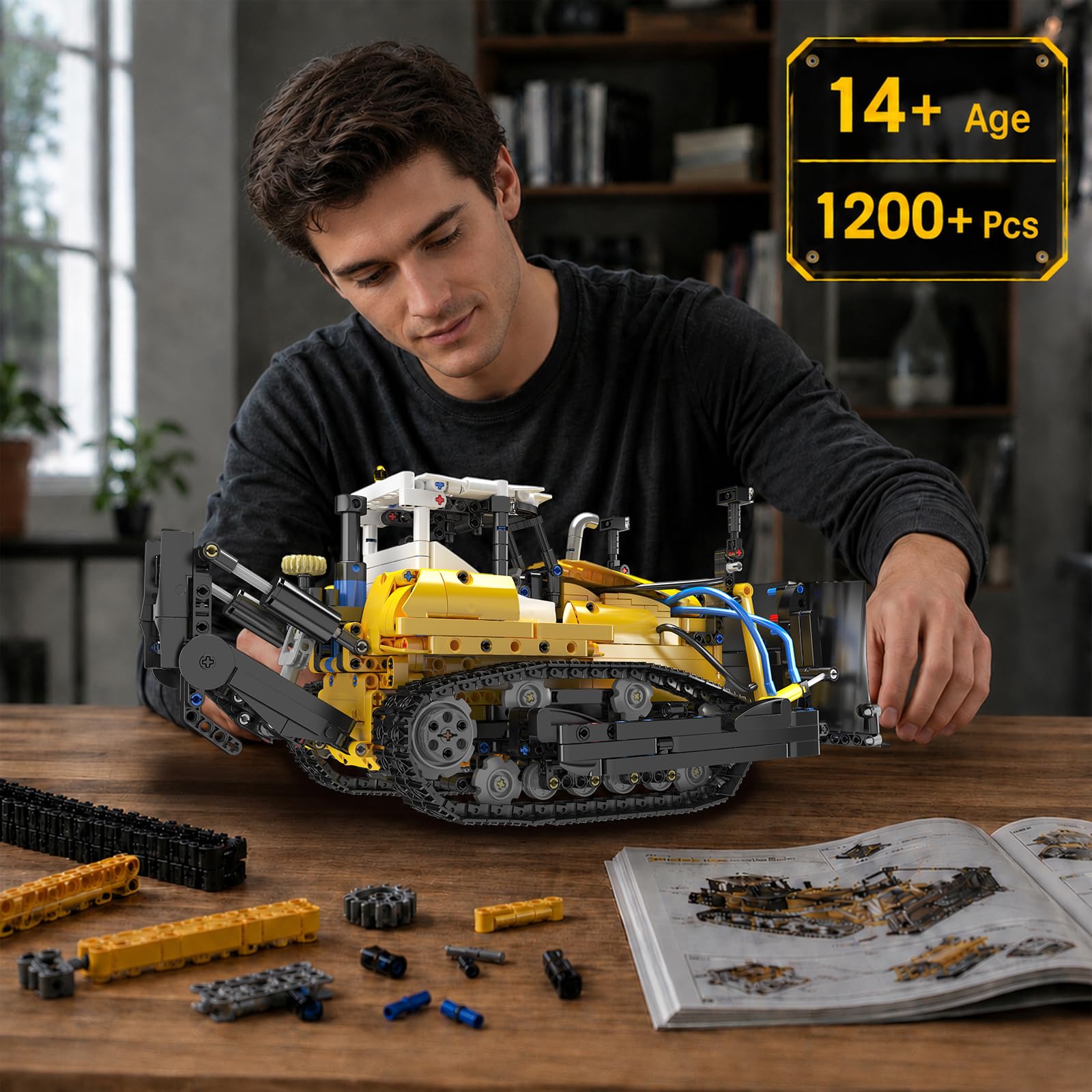 Mould King 19019 Technik MOC PR756 Pneumatischer Bulldozer-Baustein-Modell, Baustellen-Raupenfahrzeug Technologie Klemmbausteine Bausatz Erwachsenen-Bastel-Sammlung 14+（1200+ Teile）