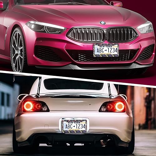 Miniatura 6 de LIN KANG Marco de matrícula de flores coloridas  Paquete de 2 marcos de matrícula universales de aluminio artísticos florales para mujer, cubierta