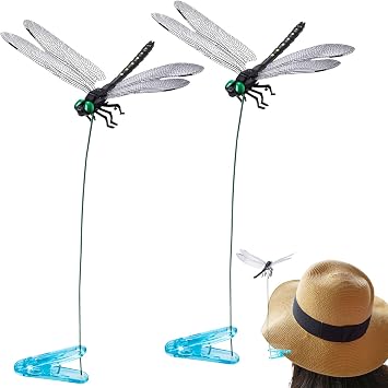 2pcs Dragonfly Clips, Artificial 3D Simulation Dragonflies Hat Clip, Fly Scare Devices Garden Decor for Outdoor Yard Courtyard Patio Flower Beds
