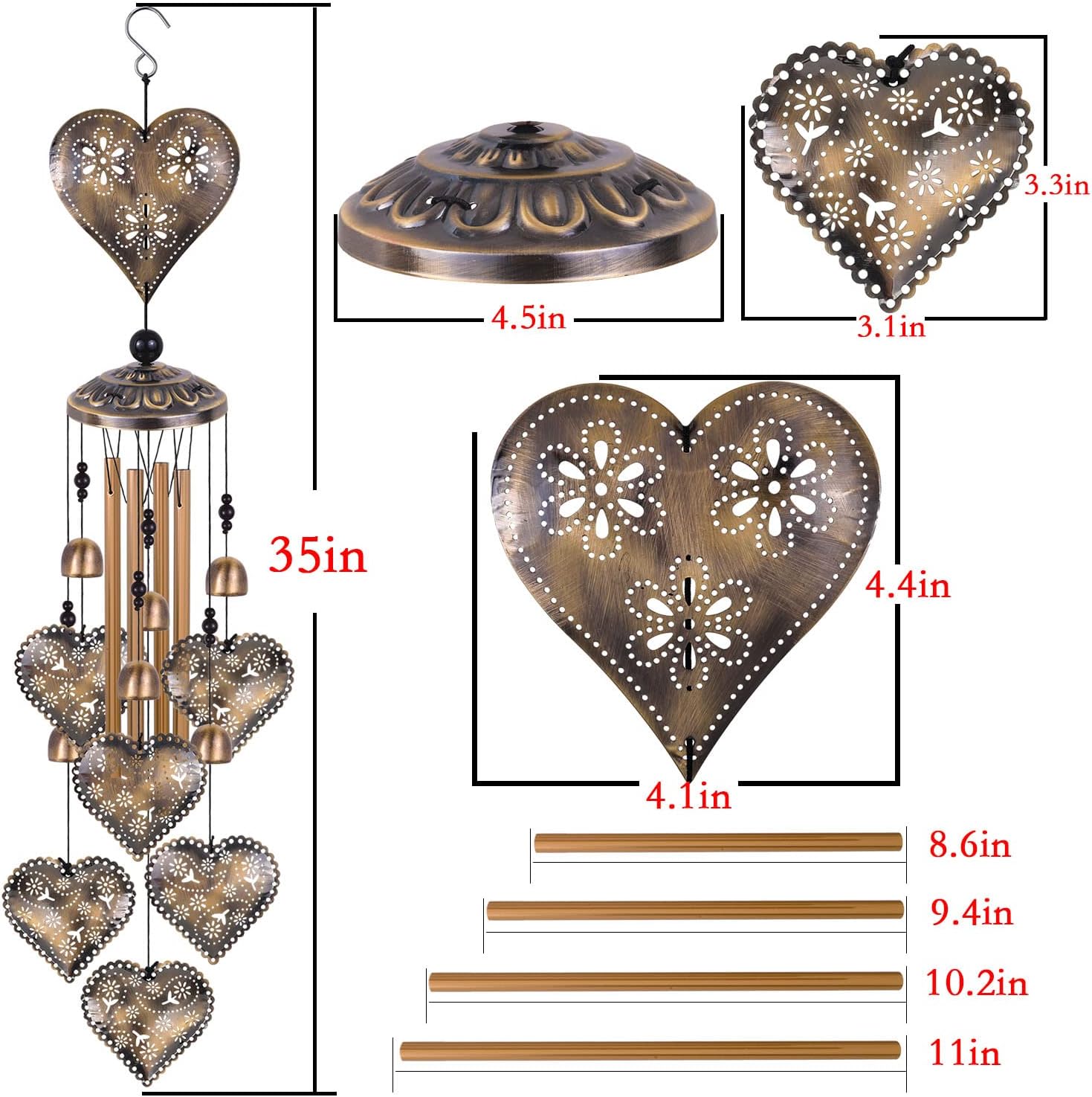 Heart Shape Wind Chimes for Garden, Gifts for Mom, Home, Balconies, Rooms, Patio, Indoor, Outdoor Heart Decoration, Hearts Shape Wind Catcher, Bronze Memorial Wind Bells, Hearts Wind Chimes Decor