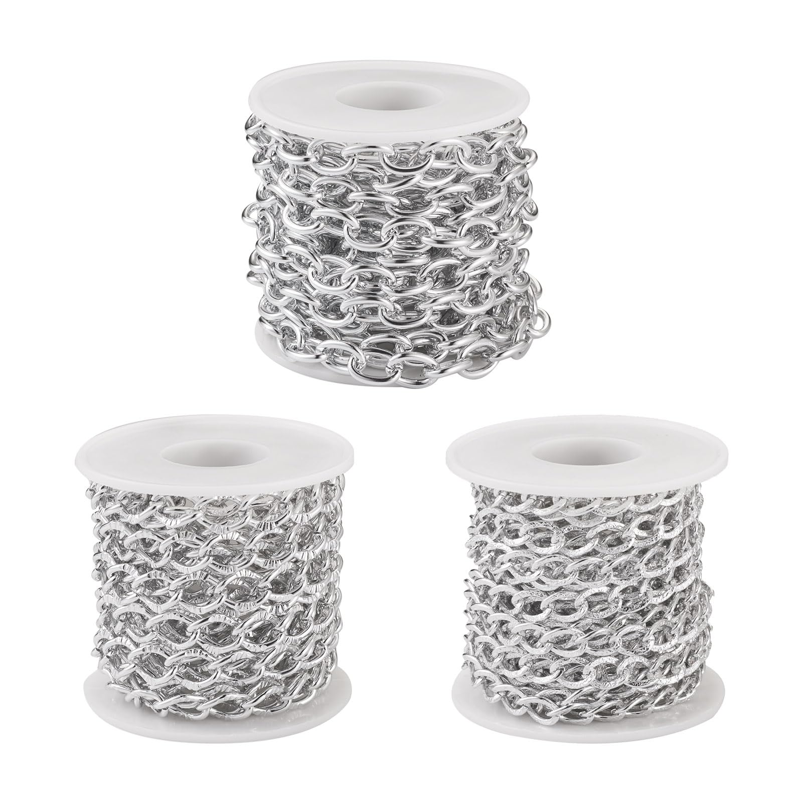 PandaHall 3 Rolls Aluminium Chains Textured Curb Chains Silver Twisted Oval Link Chain Unwelded Cable Chain with Spool for Necklace Jewellery Making