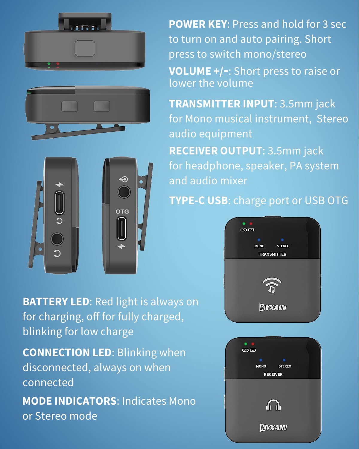 2,4 GHz Wireless In Ear Monitorsystem, 24Bit/48K Mono Stereo Wireless IEM System mit Transmitter Beltpack Empfänger Auto Pairing, OTG USB Eingang, für Studio Band Live Performance