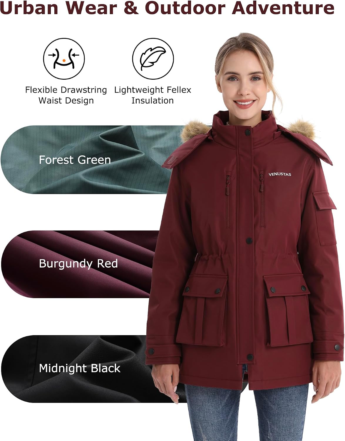 Venustas Women's Heated Parka Jacket (Burgundy, L) & Extra Heated Hand Muff Bundle image 5