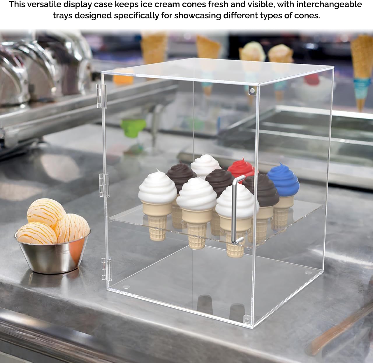 Enclosed Ice Cream Cone Cabinet Clear Acrylic for Sugar or Waffle Cones with 9 Holes Door Closure and Silver Handle by Marketing Holders