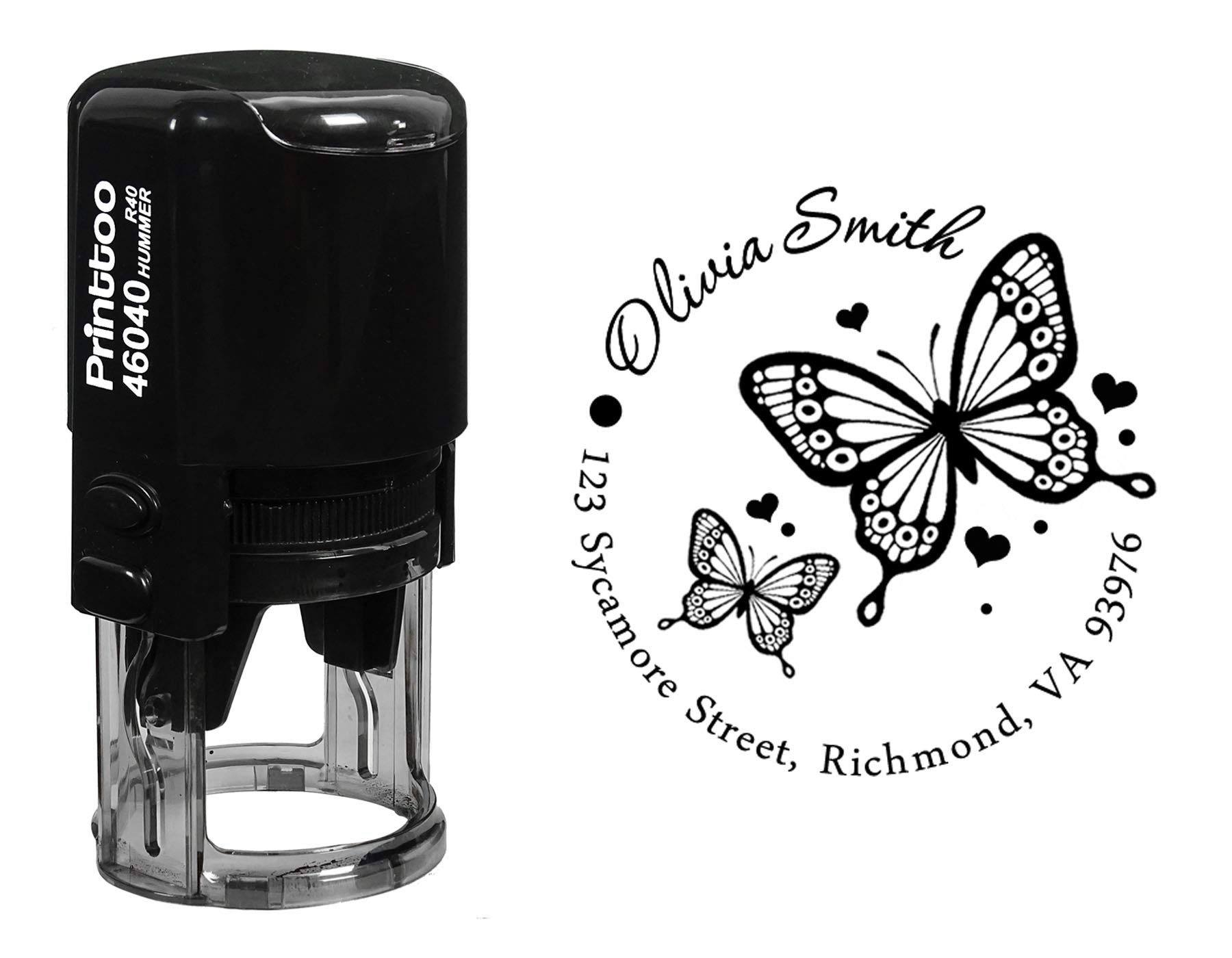 Printtoo Self Inking Custom Round Butterfly & Heart Design Address Rubber Stamp Personalized Stamper-Black