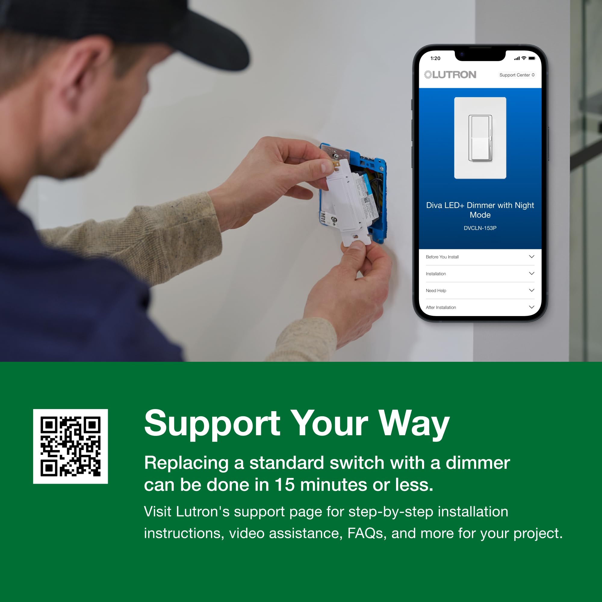 Lutron Diva LED+ Regulador de intensidad con modo nocturno para LED | Modo nocturno Diva para baños y pasillos, barra de luz de brillo suave para luz localizadora, no requiere neutro