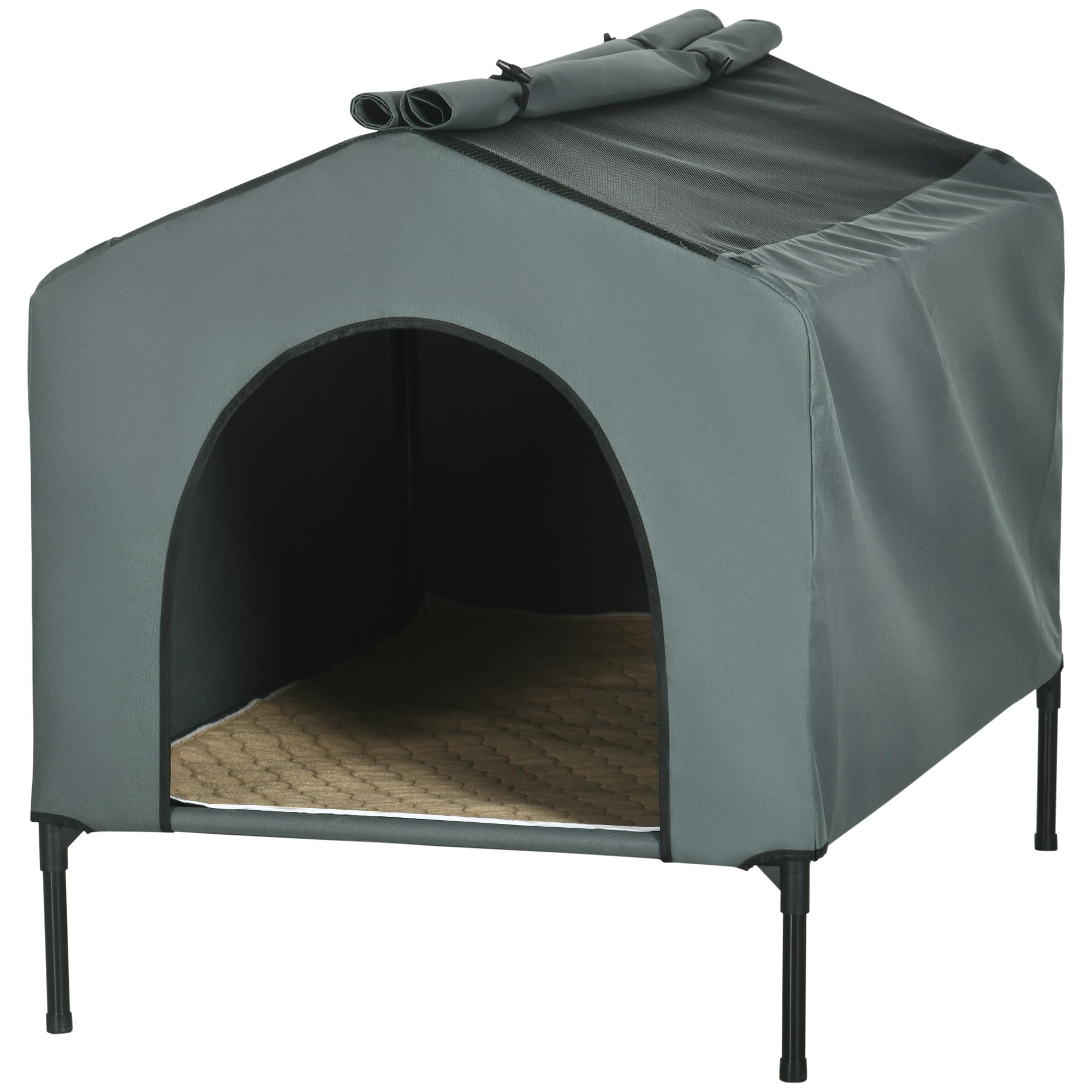 PawHut Caseta para Perros 110x75x87 cm Cama para Mascotas con Cubierta Exterior Cojín y Ventanas de Malla Enrollable para Perros Grandes Gris