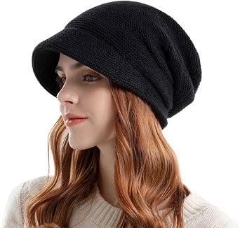 Women Slouchy Knit Hat Winter Warm Fleece Lined Beanie Hat Stretchy Skull Cap with Visor Brim