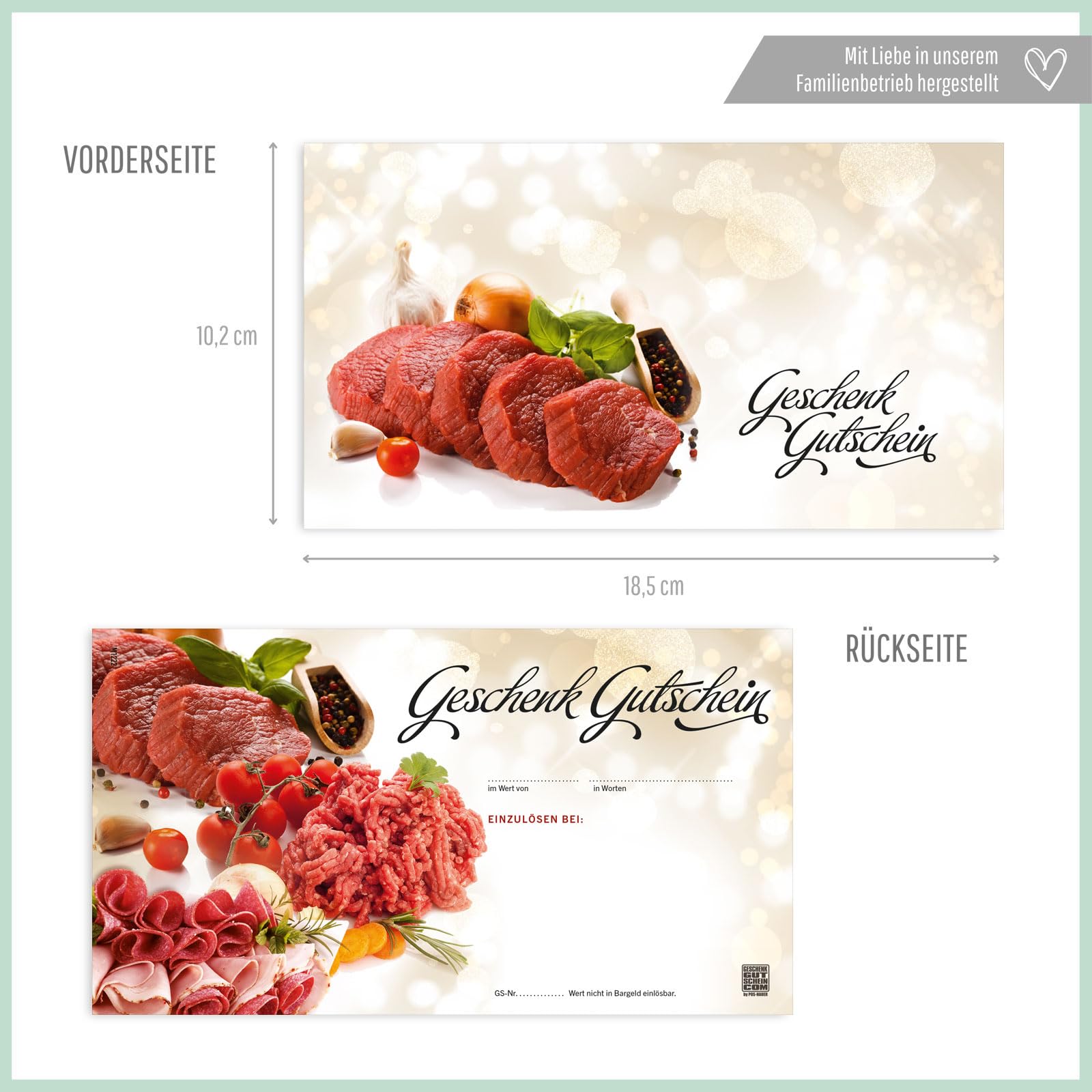 Gutschein-Set. 100x Gutschein + Kuvert. Für Metzgerei Fleischhauerei Fleischerei Unternehmen Firmen, blanko zum selber Ausfüllen.