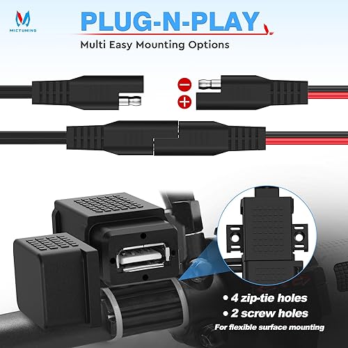 Miniatura 4 de MICTUNING Cargador USB para motocicleta, adaptador de cable SAE a USB SAE Desconexión rápida 2.1A Puerto USB impermeable con fusible en línea, cable